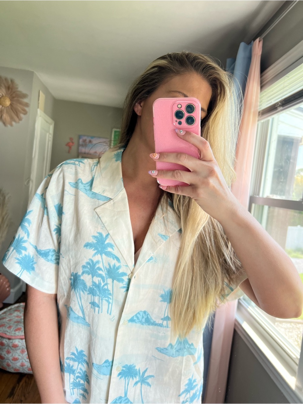 Gianni Bini Blue Tropical Print Short-Linen Sleeve Button Shirt